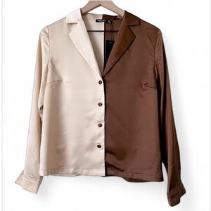 NASTY GAL Color Block Satin Shirt Top Blouse Two Tone Brown Cream 0 NWT